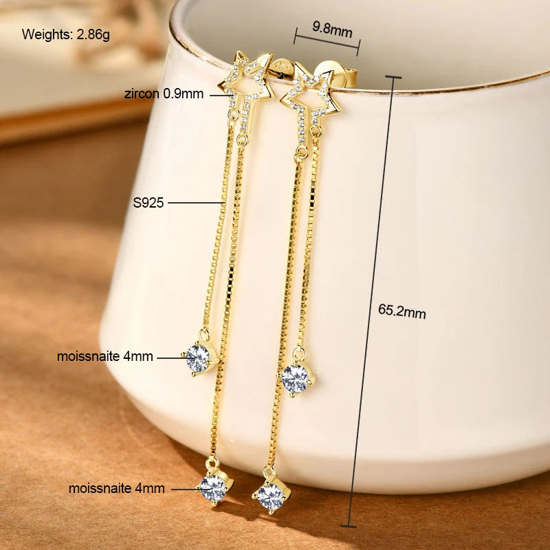 4mm D Moissanite Drop Earrings for Women S925 Silver Chain Star Flowers Pendant Stud Earrings Daily Wear Wedding Jewelry