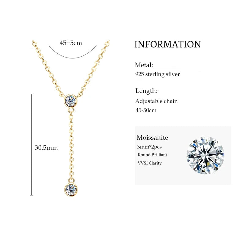 D1.30CT D Moissanite Pendant Y Shaped Necklace for Women 925 Sterling Silver Chain 6.5mm&4mm Lab Diamond 2025 Trend Gifts