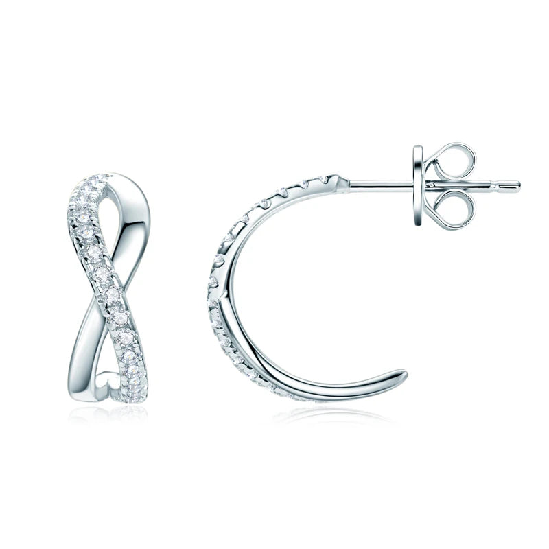Real 925 Silver 1.2mm Moissanite Infinity Earrings for Women Half Hoops C Shape Stud Earrings Trendy Jewelry Charm Gift