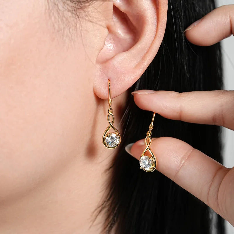 925 Sterling Silver 6.5mm 1.0 Carat Moissanite Drop Dangle Earrings Infinity Hook Wedding Jewelry Women's Christmas Gift