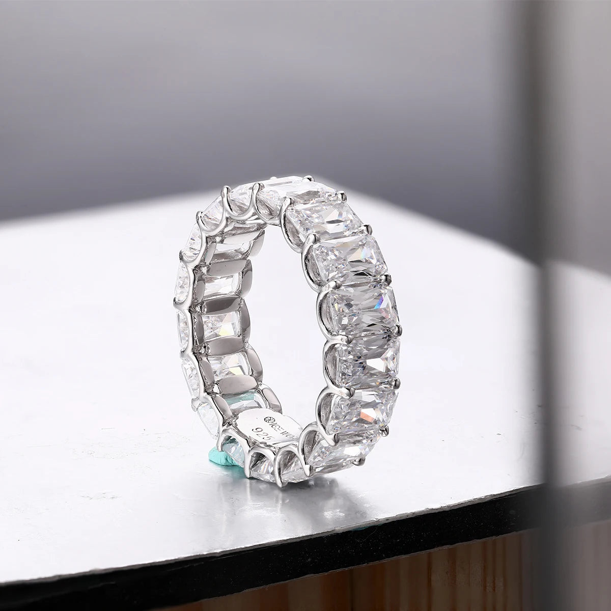 925 Sterling Silver 6x4mm Radiant Cut Dull Eternity Engagement Ring Band Simulated Diamond Wedding Rings for Women Jewelry