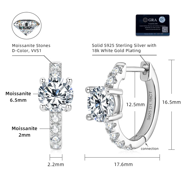 100% 925 Sterling Silver Earrings 2.36CTW. Moissanite Hoop Huggie Earrings for Women Gift Jewelry Engagement Birthday Valentine