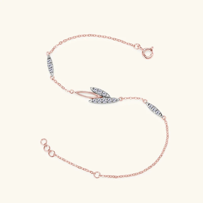 2024 Trendy 18k Rose Gold Plated Delicate 2mm D Color Moissanite Leaf Bracelet 925 Silver Chain for Women Wedding Jewelry Gift