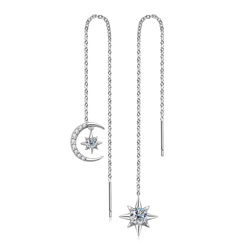 Moissanite Drop Earrings Asymmetry Star Moon Chain Ear Thread Threader 925 Sterling Silver for Women Jewelry Gift 12.5cm