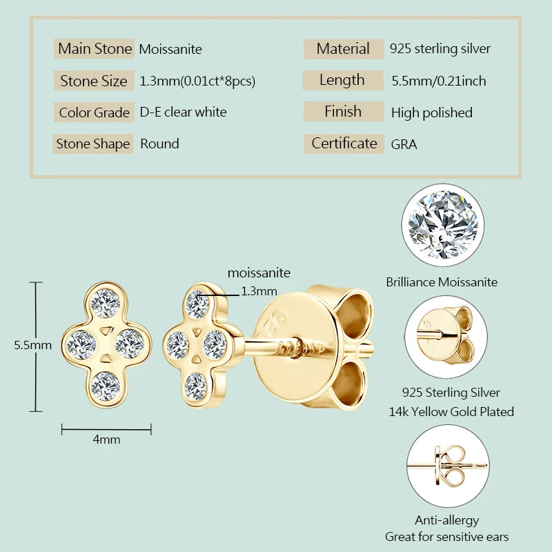 2024 Trendy 925 Silver Four Leaf Clover Studs 1.3mm D Color Moissanite Piercing Earrings for Couple Women Men Gift Jewelry