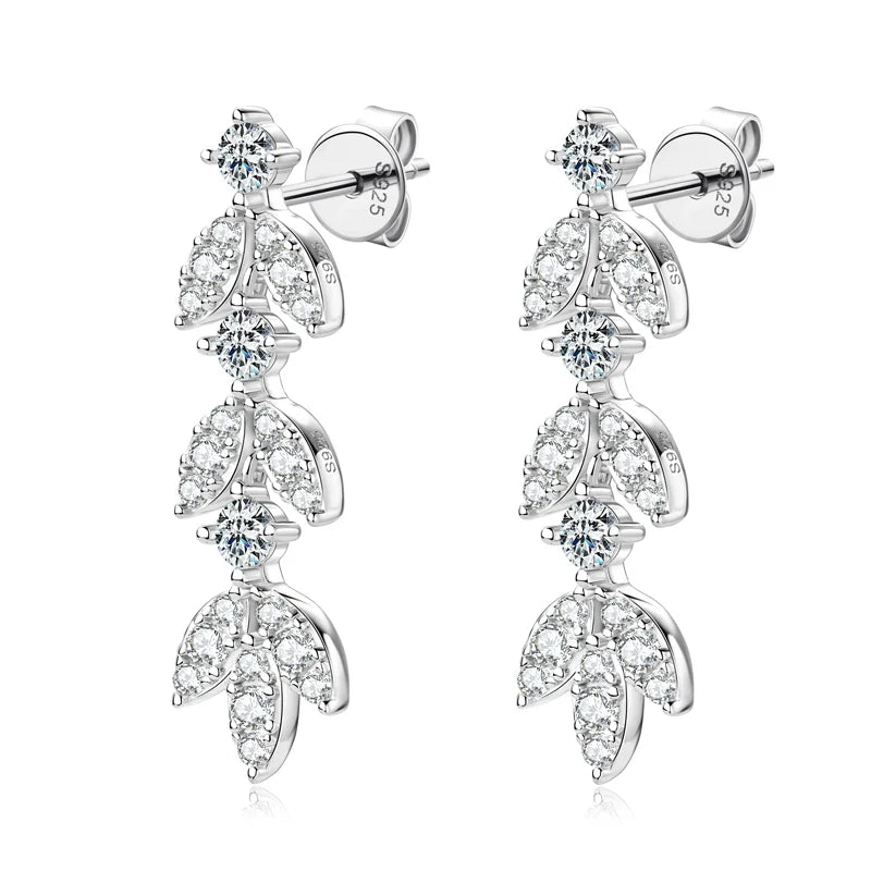 Real Moissanite Earrings Leaf Chandelier Drop Dangle Long Earrings 925 Silver Piercing Studs for Women Cute Jewelry Korean