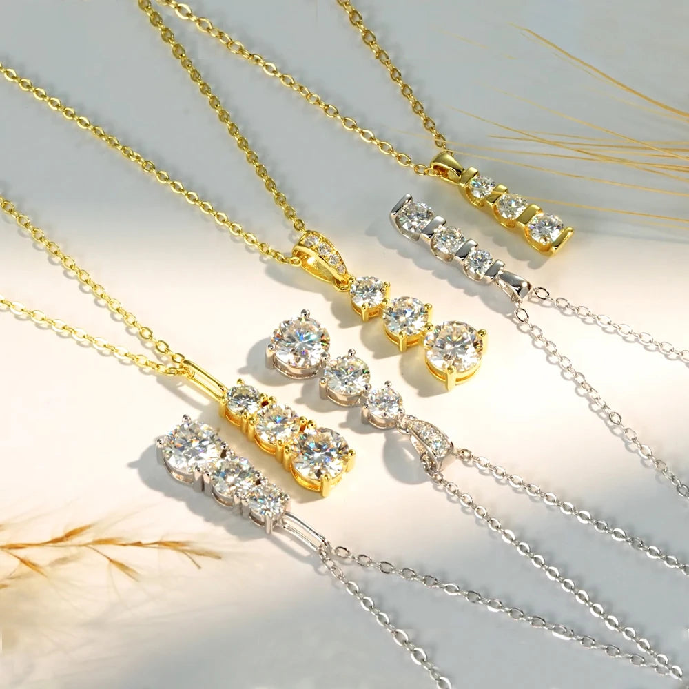 Real Certified Gradual Three Stone Moissanite Pendant Necklace 100% 925 Silver for Women Luxury Wedding Anniversary Jewelry Gift