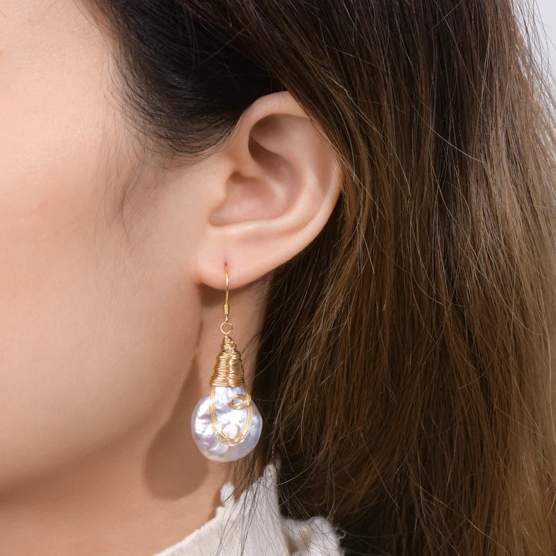 Natural Large Baroque Pearl Drop Earrings 925 Silver Handmade Wire Wrap Bulb Hook Earrings for Women Wedding Party Jewelry