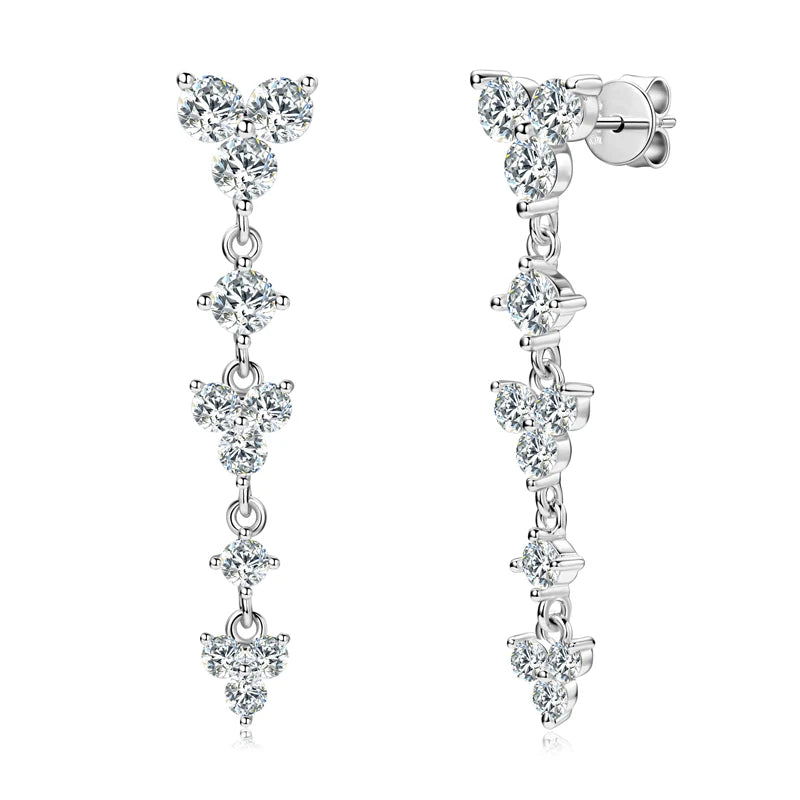 Real 925 Silver 4mm D Color Moissanite Long Drop Earrings Piercing Studs Wedding Party Fine Jewelry for Women 2024 Trend Gift