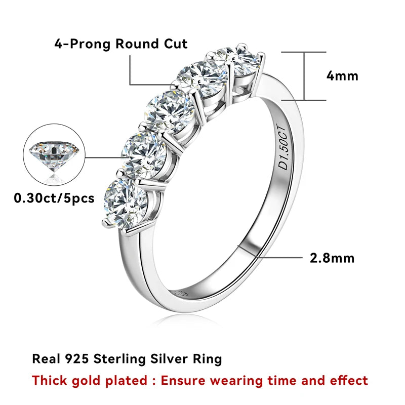 Half Eternity Bands D Color 0.3ct 5 Stone Moissanite Ring 925 Sterling Silver for Women Fine Accessories Certified Jewelry