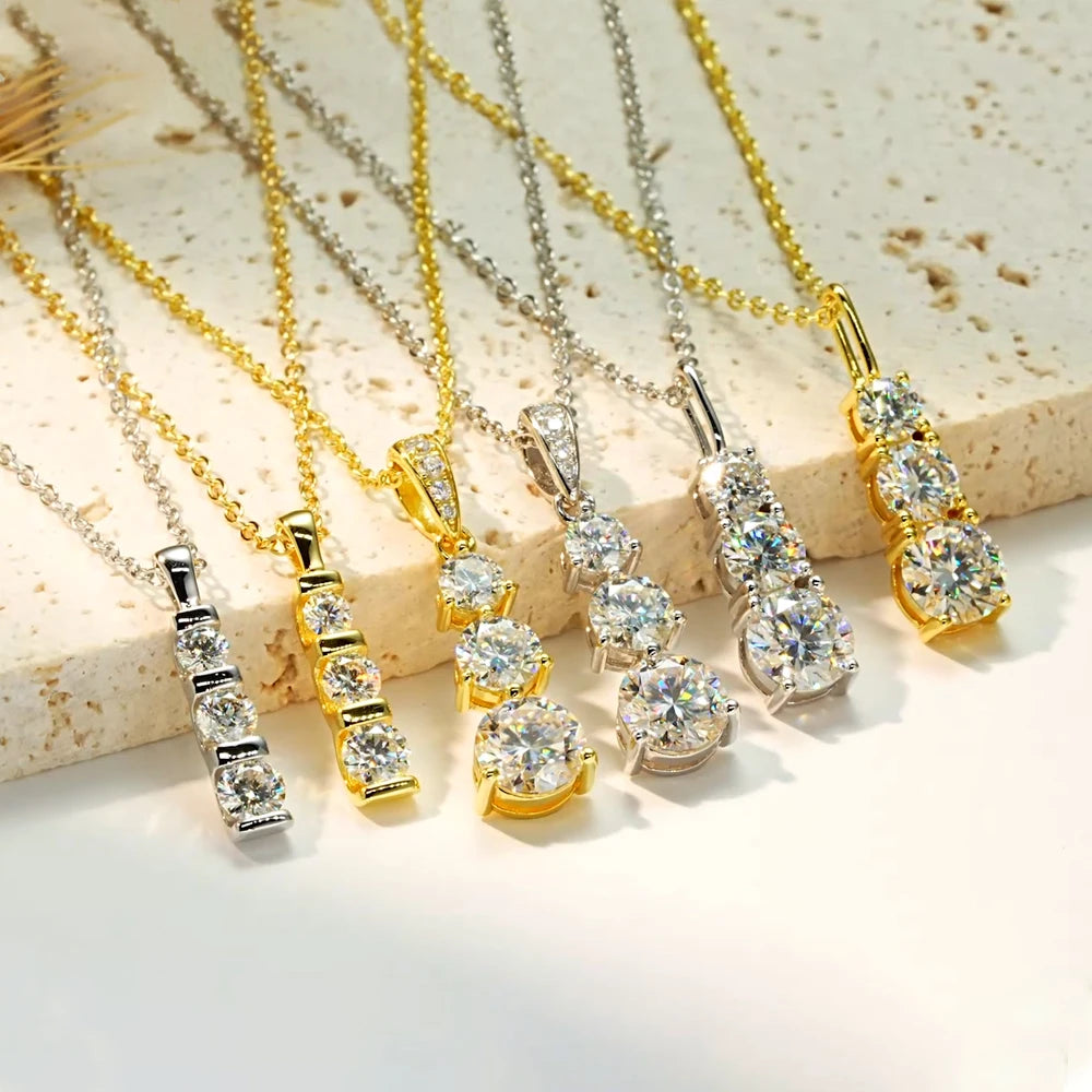 Real Certified Gradual Three Stone Moissanite Pendant Necklace 100% 925 Silver for Women Luxury Wedding Anniversary Jewelry Gift