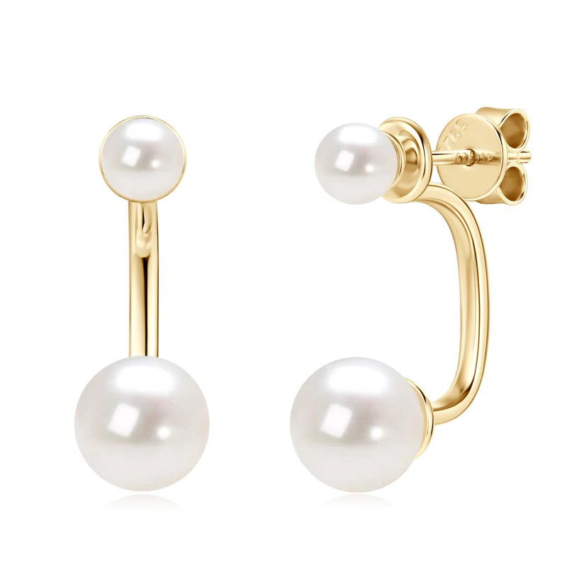 925 Sterling Silver Jacket Earrings Round Natural Freshwater Pearl Studs Front-back Earrings for Women Fine Jewel Gifts