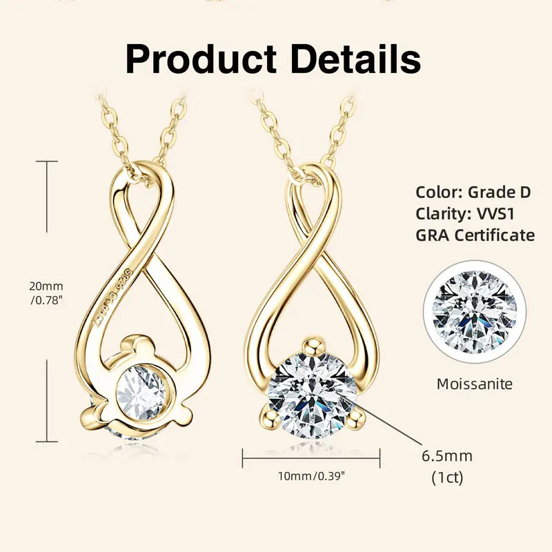 6.5mm 1ct D Moissanite Infinity Pendant Necklace for Women Silver 925 Adjustable Chain 8mm 2ct Lab Diamond Infinite Charm Gifts