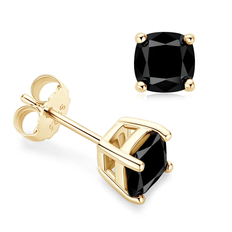6x6MM 1.0CT Cushion Cut Black Moissanite Stud Earrings for Men Women 925 Sterling Silver Gold Plated Earring Jewelry Gift