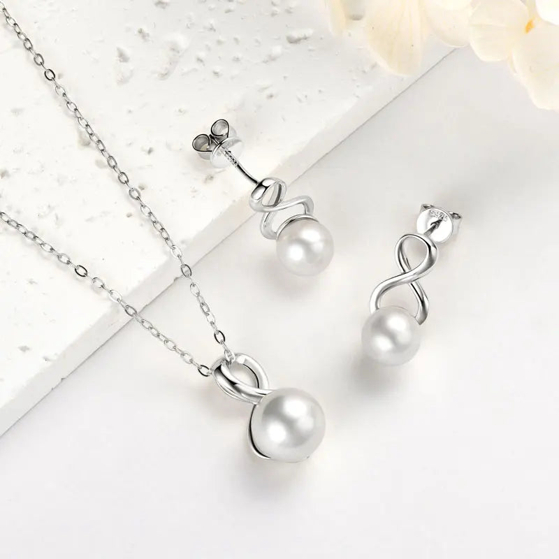 925 Silver Pearl Jewelry Set Natural Freshwater Pearl Bread-shaped Infinity Pendant Necklace Earrings Sets for Women Gifts