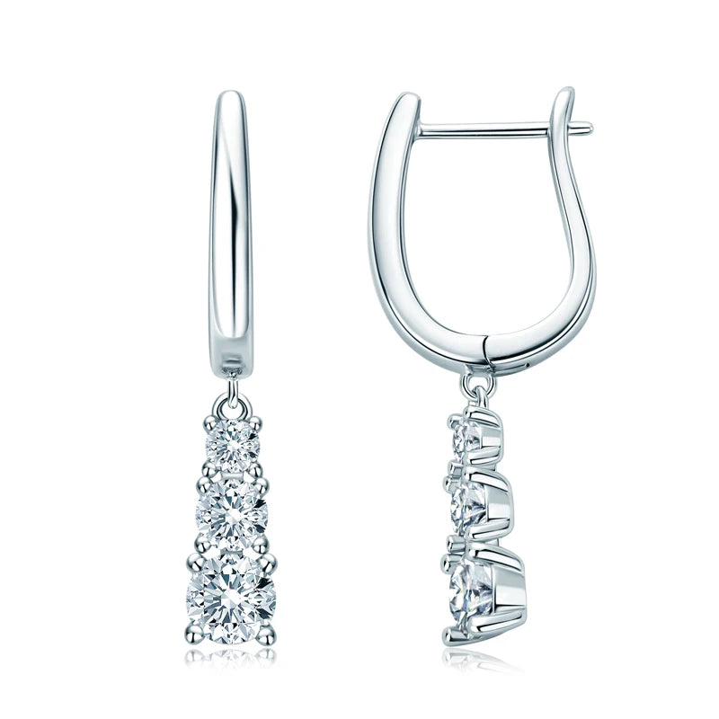 Three Stone Trilogy Clip Earrings 925 Sterling Silver 1.8CTW. Moissanite Pendant Earrings for Women Wedding Jewelry Gifts