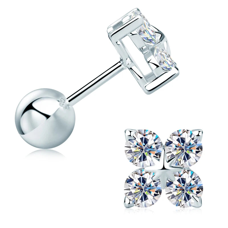 Lucky Four Leaf Clover Moissanite Stud Earrings 925 Sterling Silver Screw-Back Piercing Ear Jewelry for Women Men Gifts