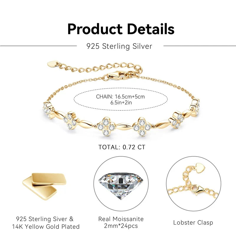 2024 New Trendy 925 Silver 18k Gold Plated Flower Bracelet Moissanite 2mm D Color Chain Bracelet for Women Wedding Jewelry