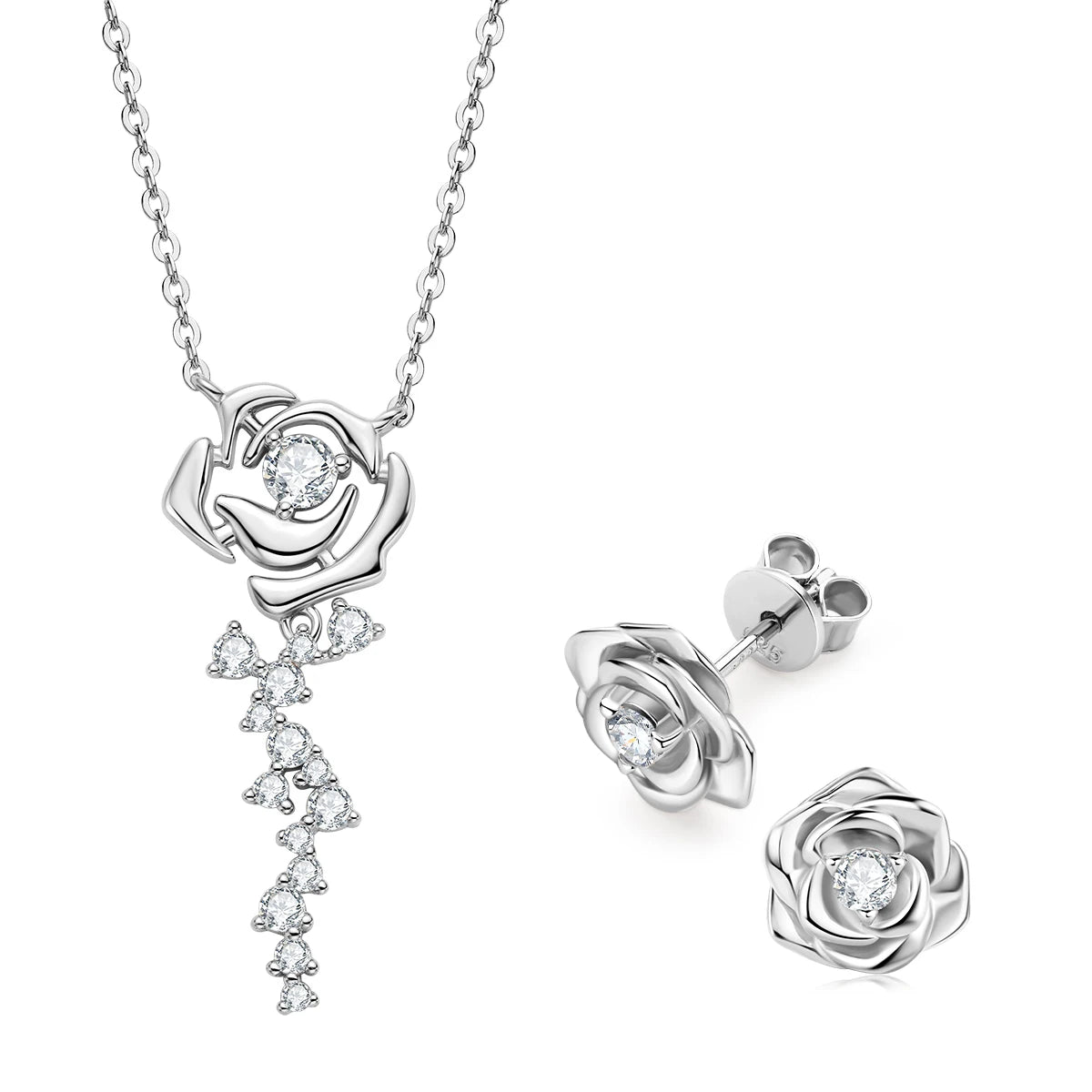 100% 925 Sterling Silver Rose Flower Jewelry Set D Color Round Cut Moissanite Earrings Pendant Necklace for Women Gifts