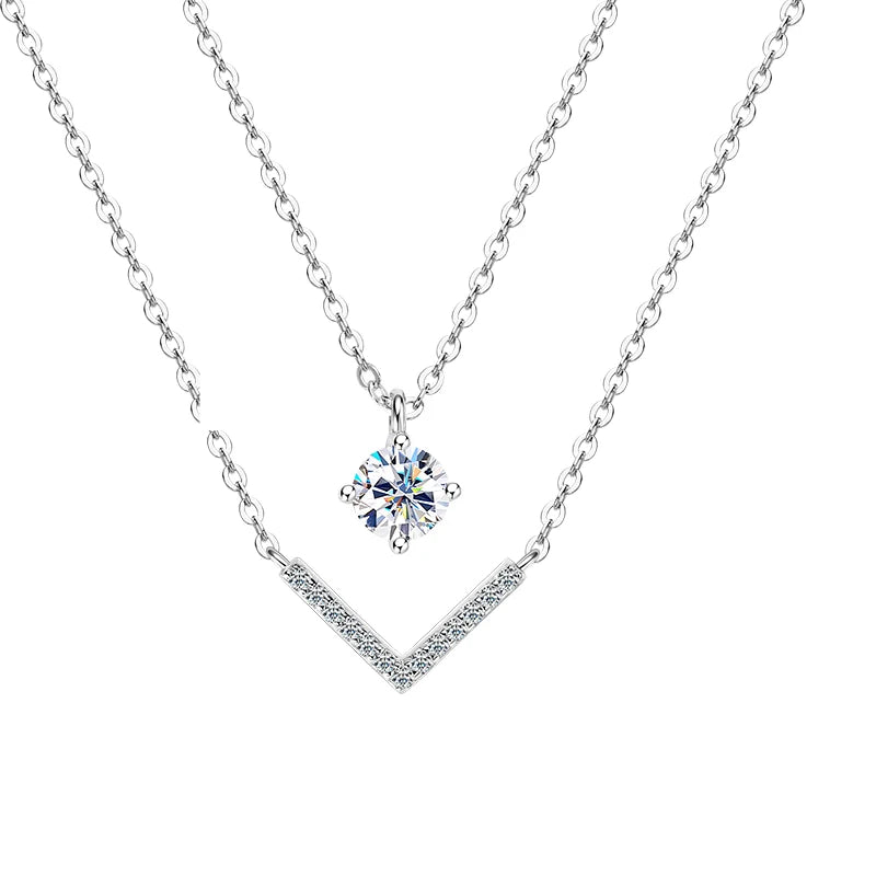 V Letter 5mm Moissanite Pendant Double Layer Necklace for Women 925 Sterling Silver Chain Clavicle 2025 New Jewelry Gifts