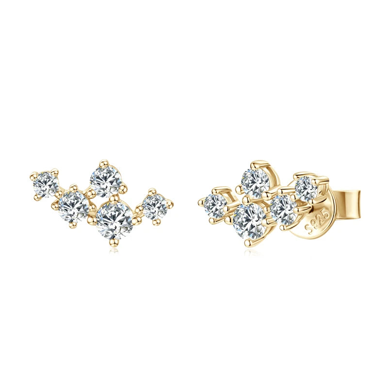 Original 925 Silver Cluster Round Moissanite Stud Earrings 18K Gold Plated for Women Gift Wedding Party Jewelry Hypoallergenic