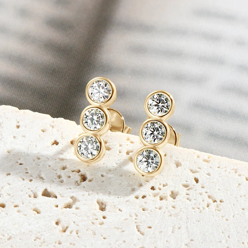 Three Stone Moissanite Earrings Studs for Women 925 Sterling Silver Earrings Trendy Bezel Setting Jewelry Valentine's Gift