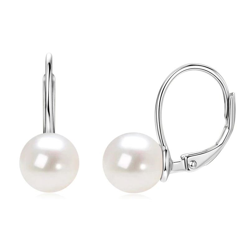 100% 925 Sterling Silver 8-9mm Natural Freshwater Pearl Drop Hoop Earrings White Pearl Wedding Fine Jewelry for Women Gift