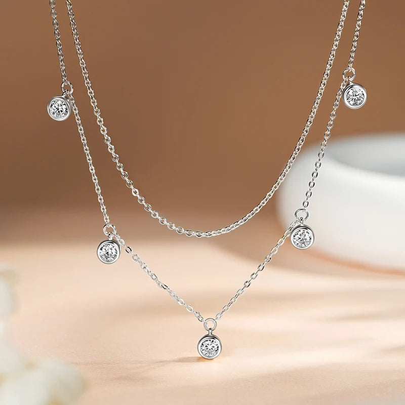 Double Layers 4mm Bezel Moissanite Pendant Necklace Silver 925 Chain for Women Certified Wedding Anniversary Jewelry Gift