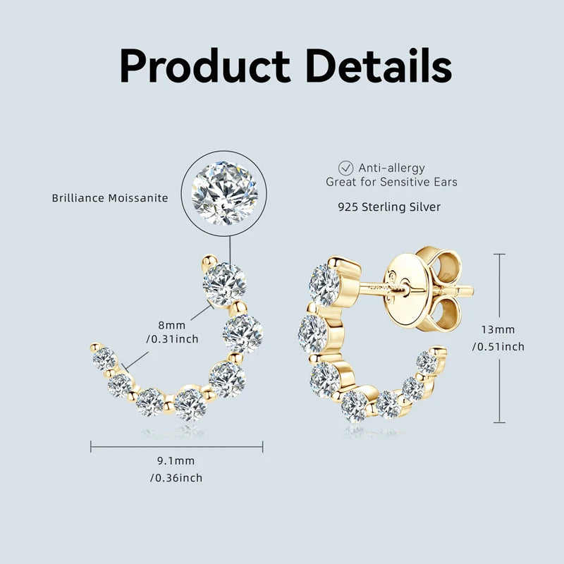 100% 925 Silver C-Shape Tapering Earrings D Color Moissanite Piercing Stud Earrings for Women Jewelry with GRA Certificate
