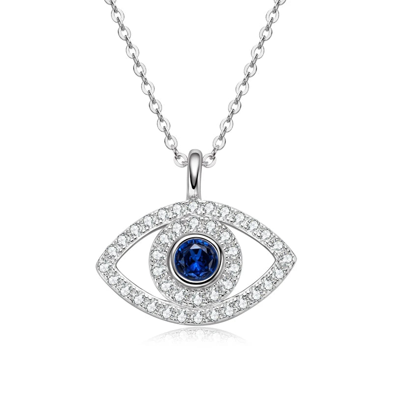 4mm Round Cubic Zirconia Blue Gemstone Evil Eye Pendant Necklace 100% Real 925 Silver for Women Charm Fine Jewelry 45+5cm