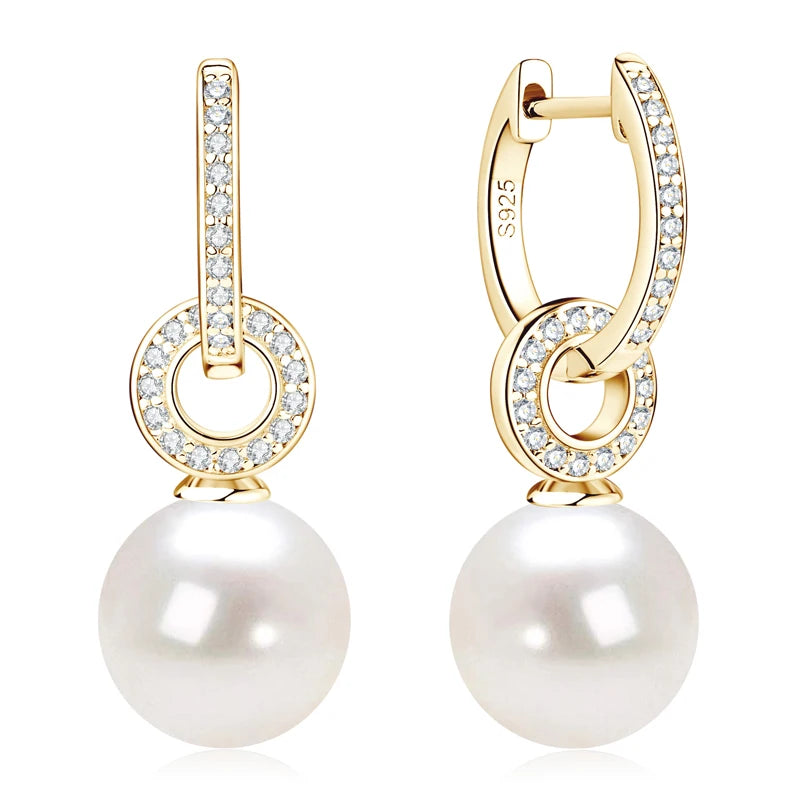 Real 925 Sterling Silver Hoop Earrings 9-10mm White Shell Pearl Drop Earring Detachable Wedding Party Jewelry for Women