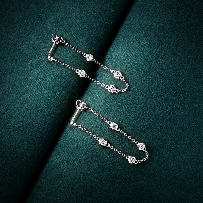 925 Sterling Silver Earrings Bezel Moissanite Long Tassel Chain Drop Earring for Women Trendy Fine Jewelry Christmas Gifts