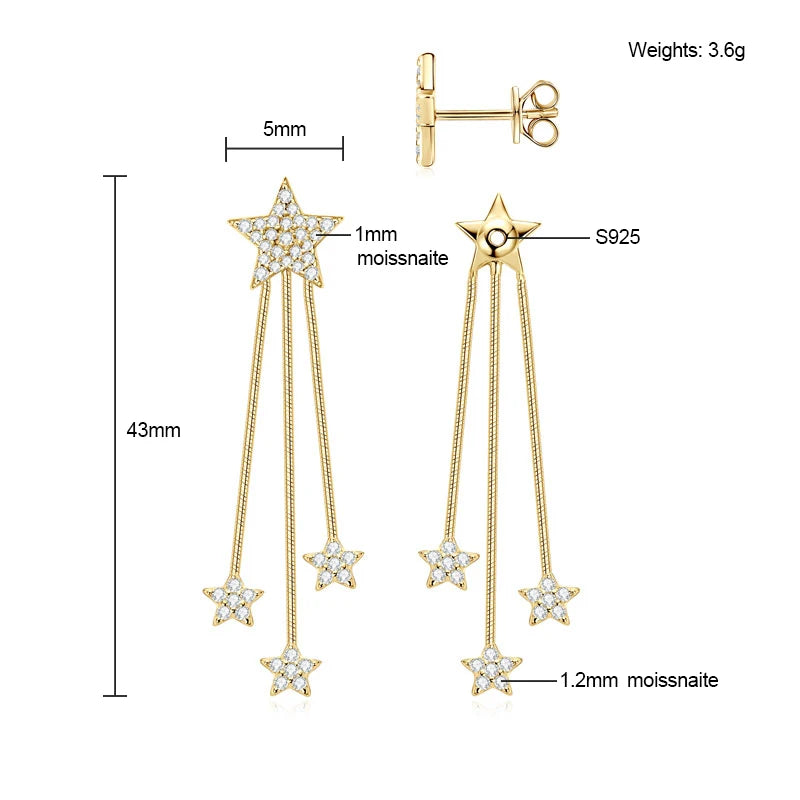 Long Tassel Star Moissanite Pendant Earrings for Women S925 Silver Chain Dangle Drop Earrings Studs GRA Certified Jewelry