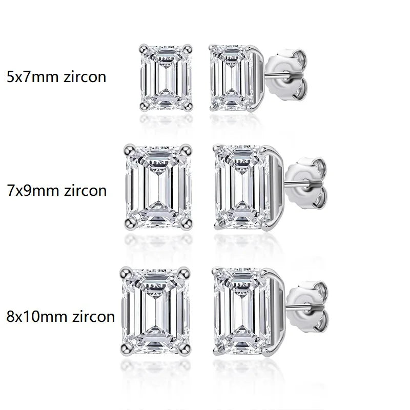 Fashion 925 Sterling Silver Emerald Cut Stud Earrings for Women Geometric Piercing Earring Wedding Ear Buckle Jewelry Gift