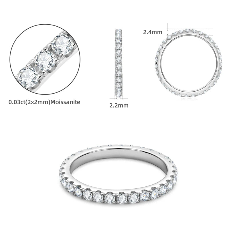 Full Eternity Bands 2mm Moissanite with Certificate 925 Sterling Silver Rings for Women All-Around Wedding Jewelry Gifts