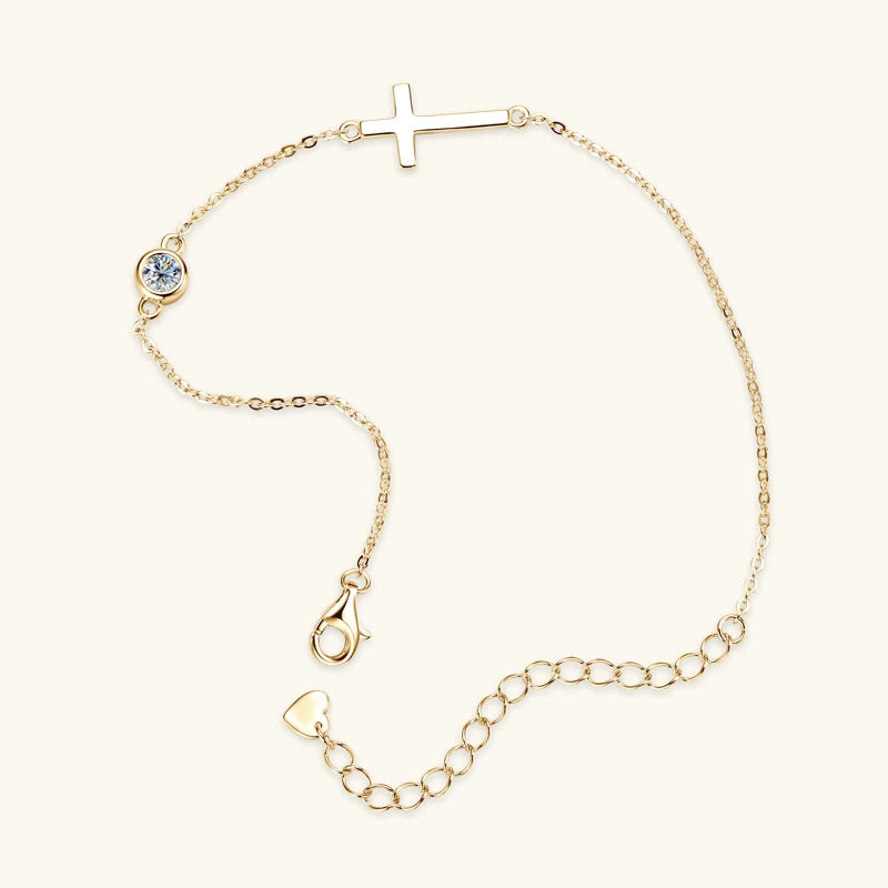 100% 925 Sterling Silver Cross Bracelet with 4mm Bezel Moissanite Diamond for Women Men Fine Jewelry Gift Adjustable Chain