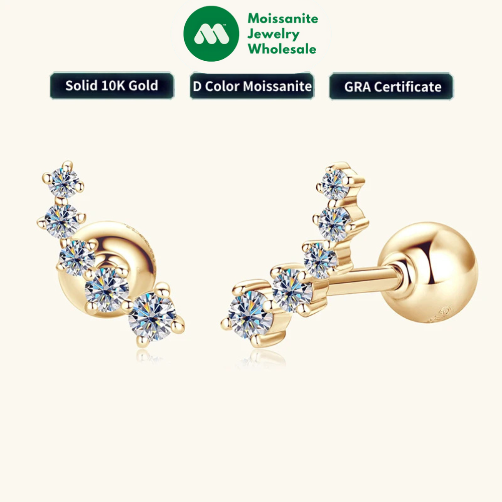 Real Gold 10k D-E Moissanite Stud Earrings Yellow Gold 5-stone Mini Earrings GRA Certified Wedding Engagement Jewelry for Women