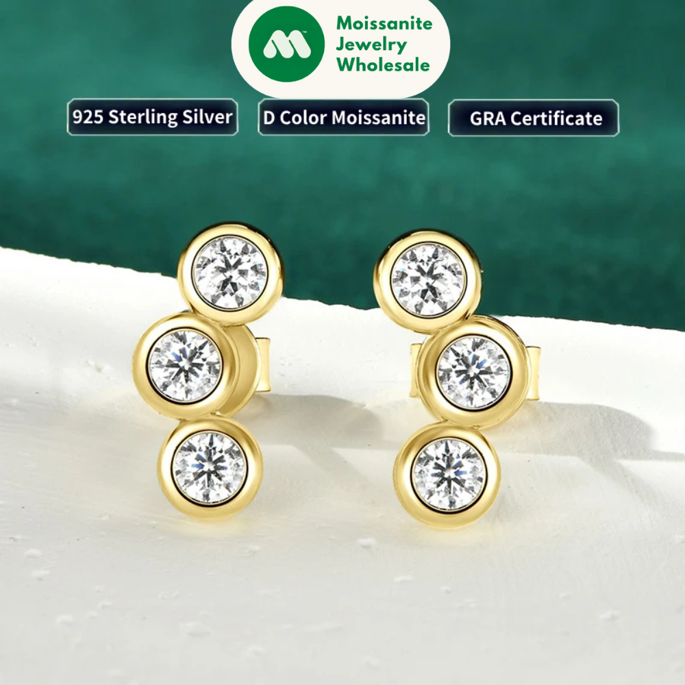 Trendy Bezel Round Moissanite Stud Earrings 925 Silver Plated Gold for Women Curved Earrings Fine Jewelry Valentine's Gift