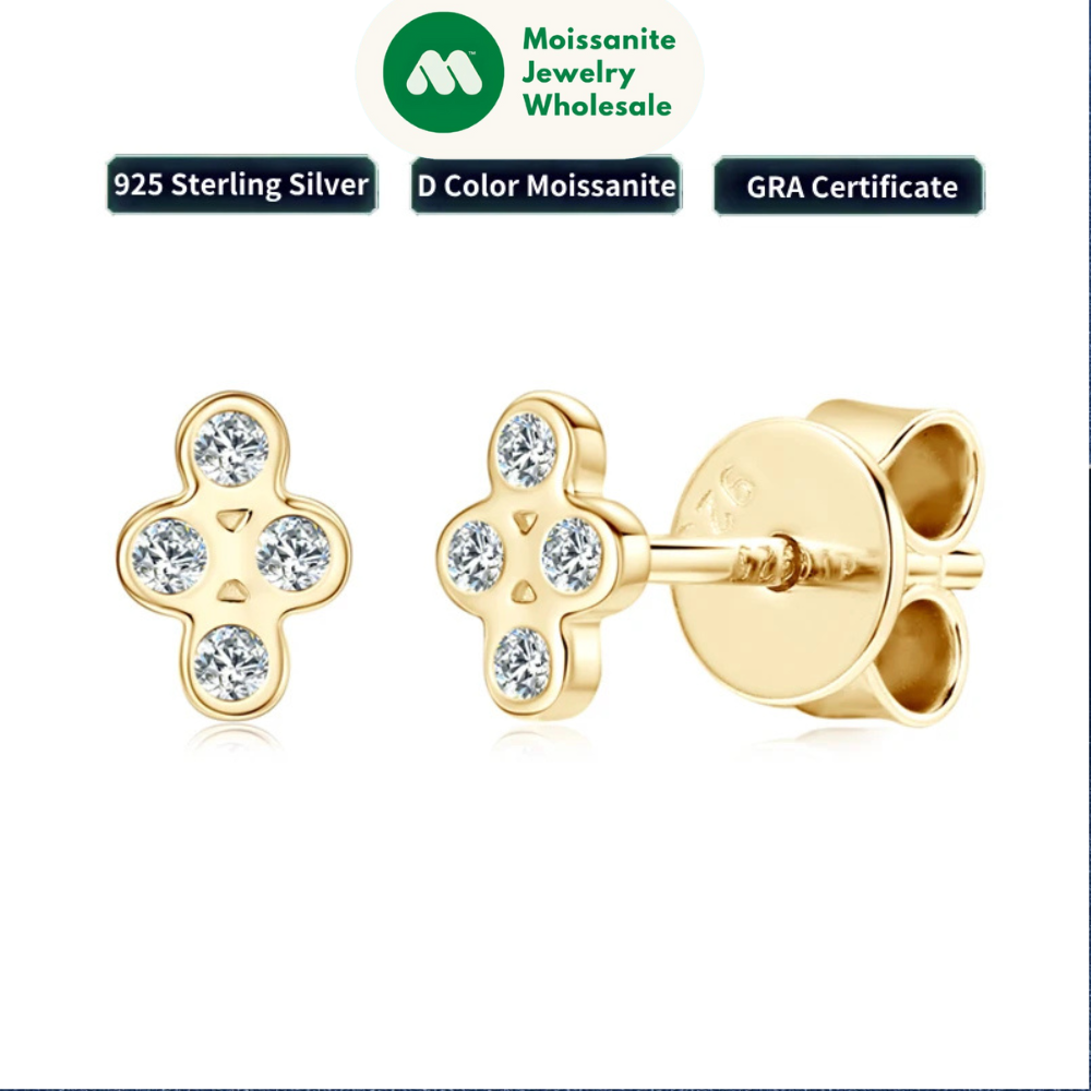 2024 Trendy 925 Silver Four Leaf Clover Studs 1.3mm D Color Moissanite Piercing Earrings for Couple Women Men Gift Jewelry