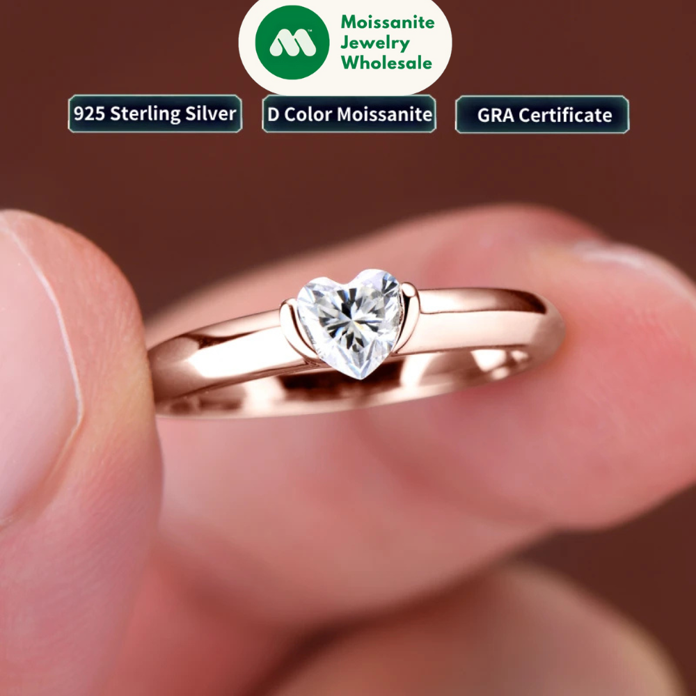 Rose Gold Color 0.5ct Heart Shaped Moissanite Solitaire Engagement Ring Silver 925 for Women Promise Wedding Bands Jewelry