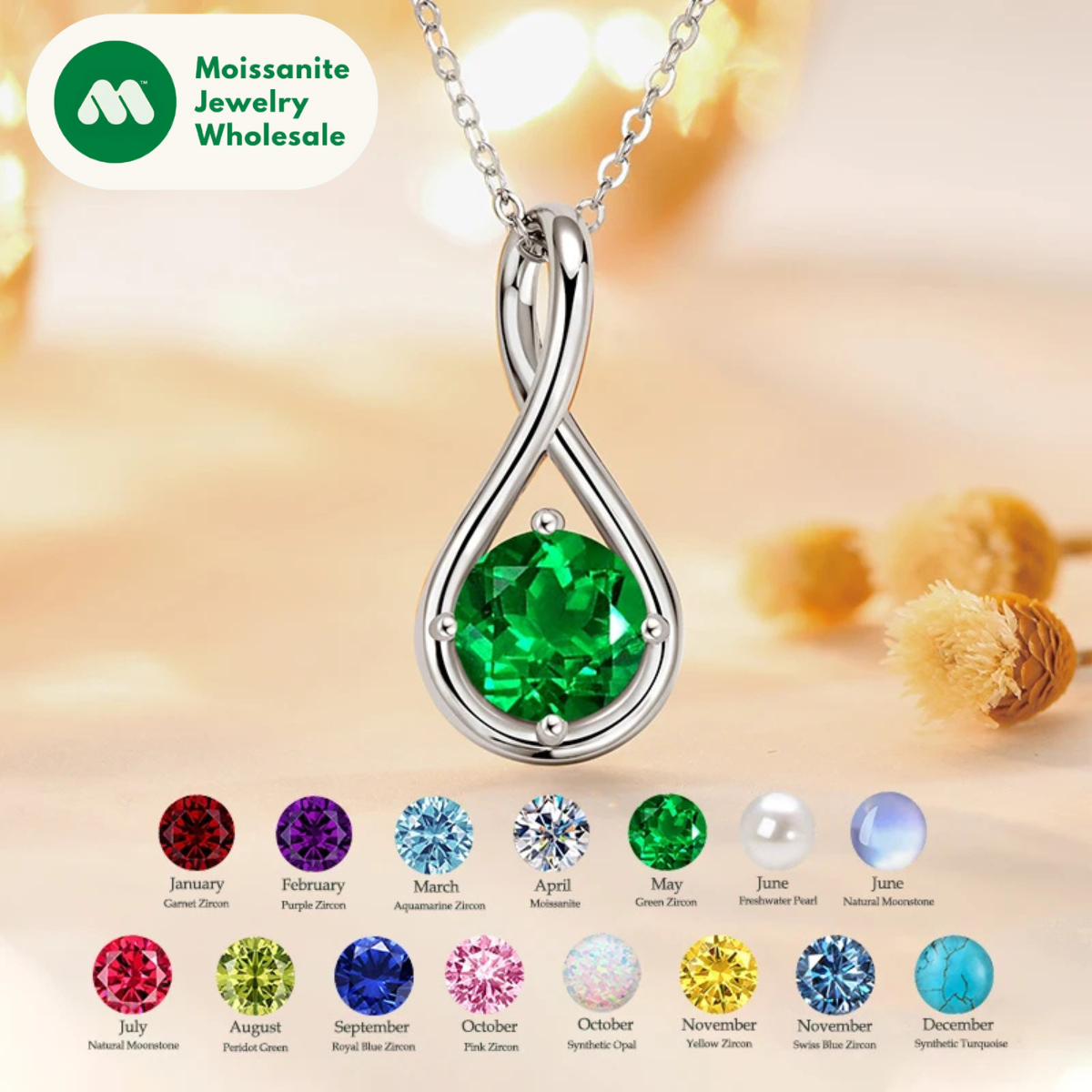 Colorful 12 Birthstone Pendant Infinity Necklace for Women 925 Silver 8mm Round Moissanite Zirconia Pearl Jewelry Birthday Gift
