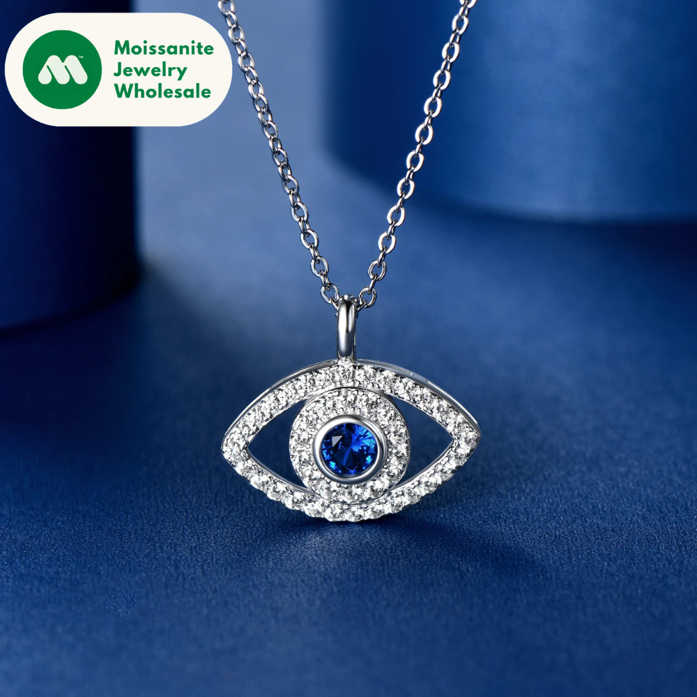 4mm Round Cubic Zirconia Blue Gemstone Evil Eye Pendant Necklace 100% Real 925 Silver for Women Charm Fine Jewelry 45+5cm
