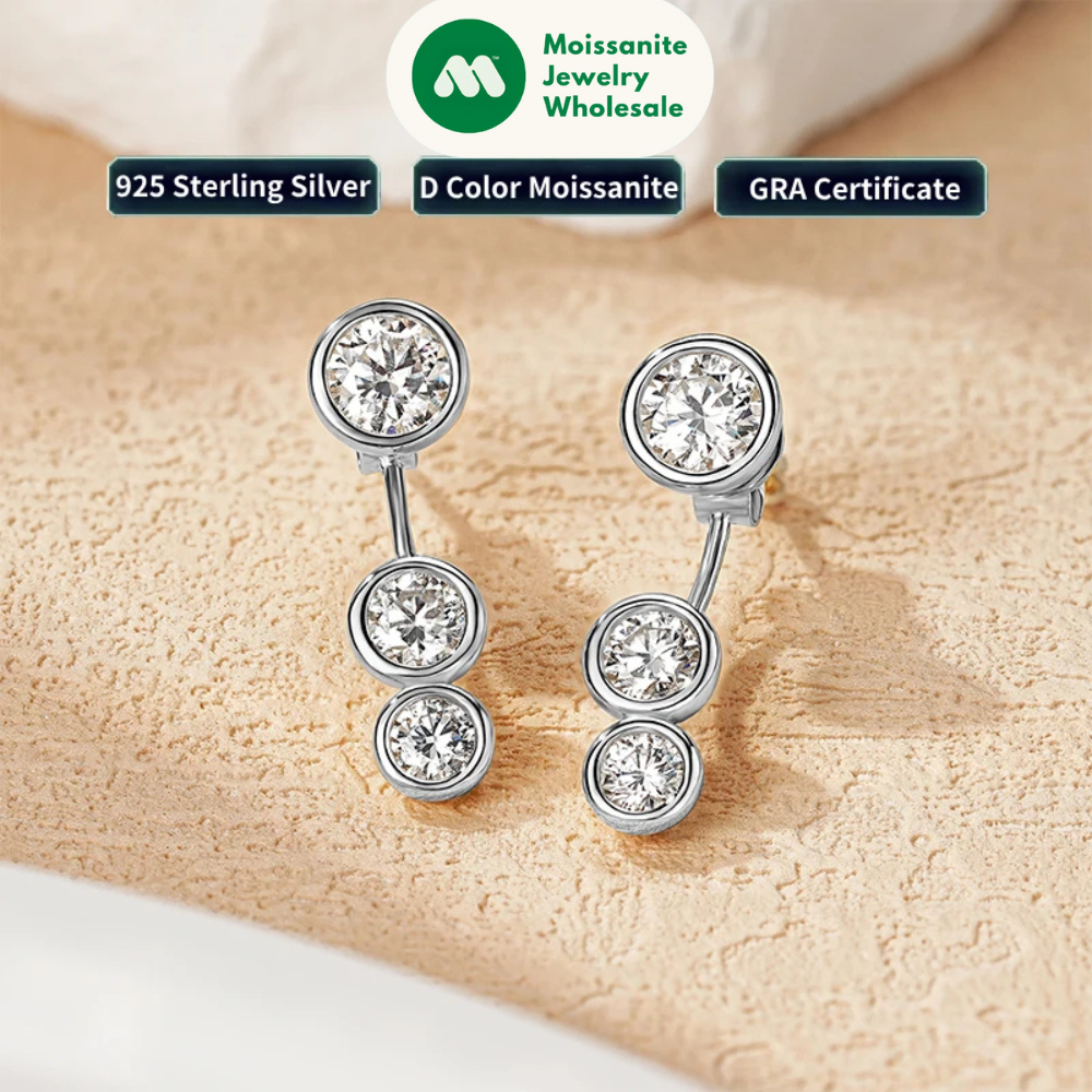 2.0cttw Moissanite Stud Earrings Jacket Real 925 Silver Plated Gold 3 Stones Drop Earrings for Women Jewelry 2025 New Gift