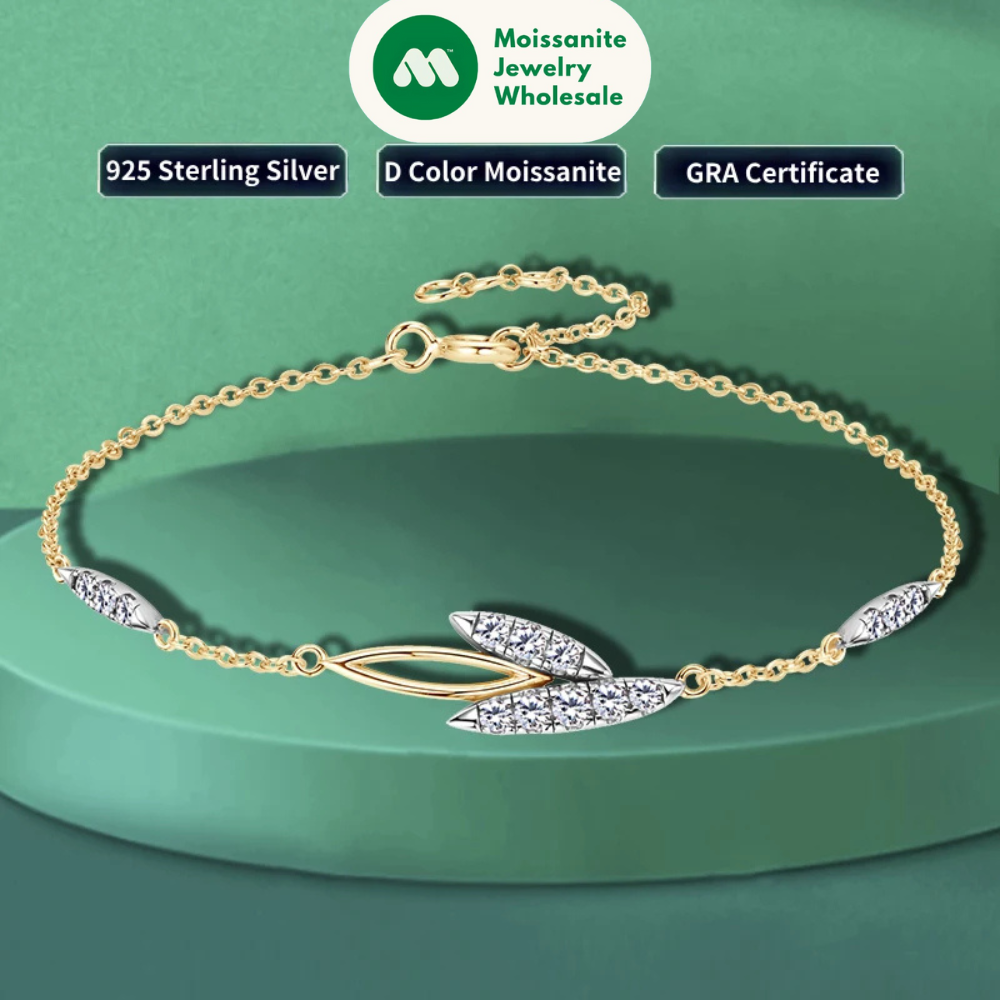 2024 Trendy 18k Rose Gold Plated Delicate 2mm D Color Moissanite Leaf Bracelet 925 Silver Chain for Women Wedding Jewelry Gift