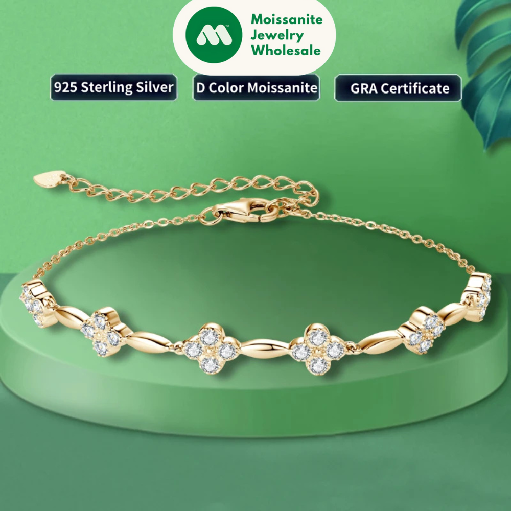 2024 New Trendy 925 Silver 18k Gold Plated Flower Bracelet Moissanite 2mm D Color Chain Bracelet for Women Wedding Jewelry
