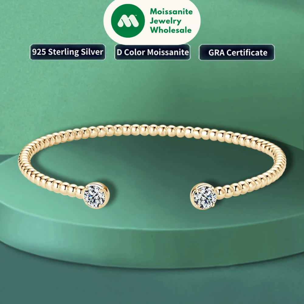 Solid 925 Sterling Silver Open Bangle Cuff 5mm 0.5ct D Color Round Cut Moissanite Bracelet GRA Certificate Women's Jewelry