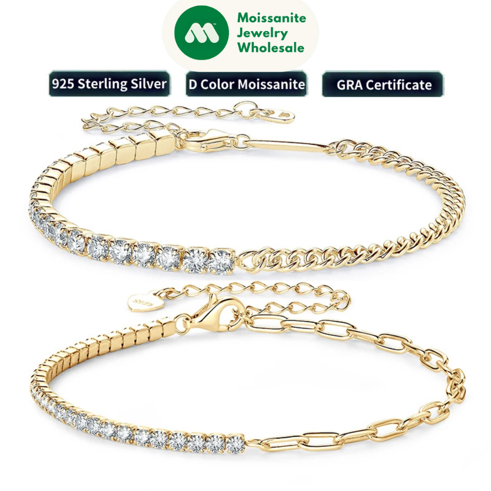 18k Gold Plated Half Tennis Bracelet 2mm 3mm Moissanite Cuban Bracelet Real 925 Silver Chain for Women Men GRA Certified Jewelry