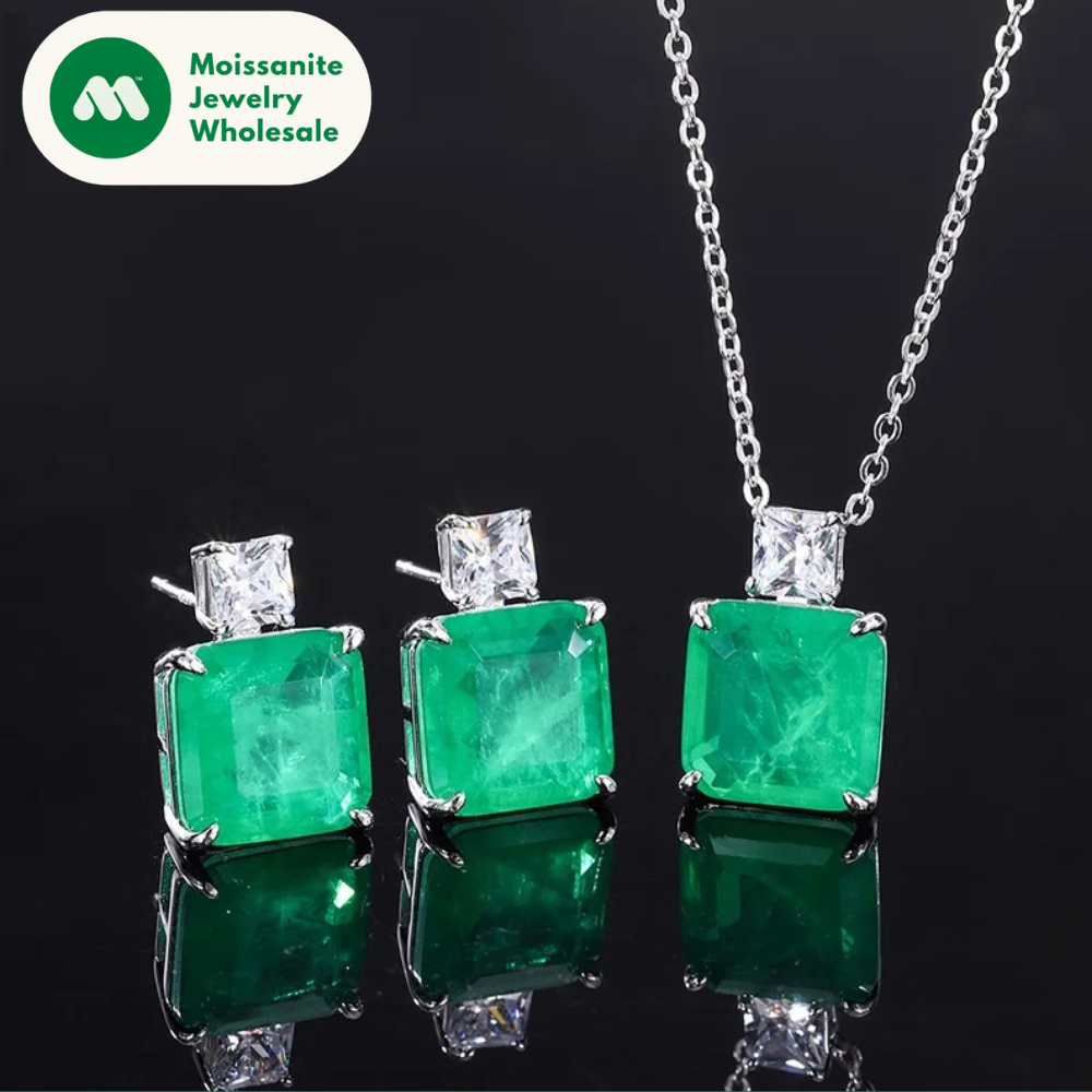 Vintage Simulated Emerald Square Stud Earrings 10*10mm Gemstone Pendant Necklace Silver 925 Plated Copper Women's Jewelry Gift