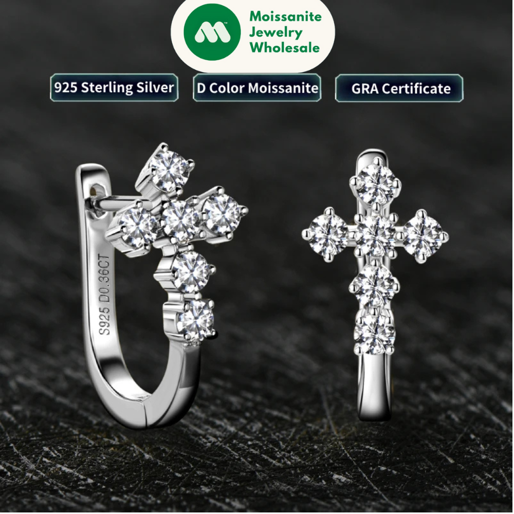 Cross Hoop Earrings 925 Silver 2.5mm Moissanite Huggie Earrings for Women Men Certified Faith Charm Jewelry Wedding Party Gift