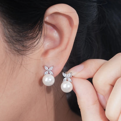 Original 925 Sterling Silver Four-leaf Clover Cubic Zircon With 8mm Bread Bead Pearl Stud Earrings for Women Girls Gift